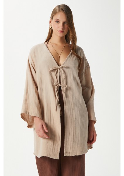Kadın Sandra %100 Pamuk Müslin Bağcıklı Bej Kimono