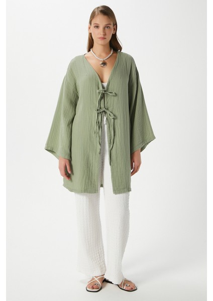 Kadın Sandra %100 Pamuk Müslin Bağcıklı Haki Kimono modelleri