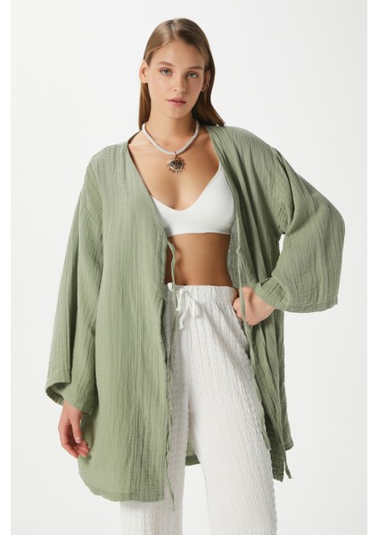 Kadın Sandra %100 Pamuk Müslin Bağcıklı Haki Kimono