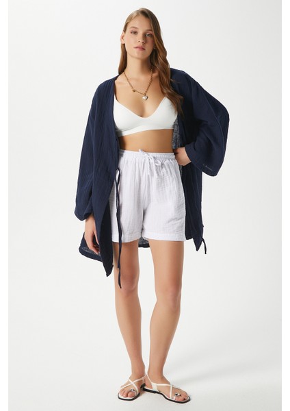 Kadın Sandra %100 Pamuk Müslin Bağcıklı Lacivert Kimono modelleri