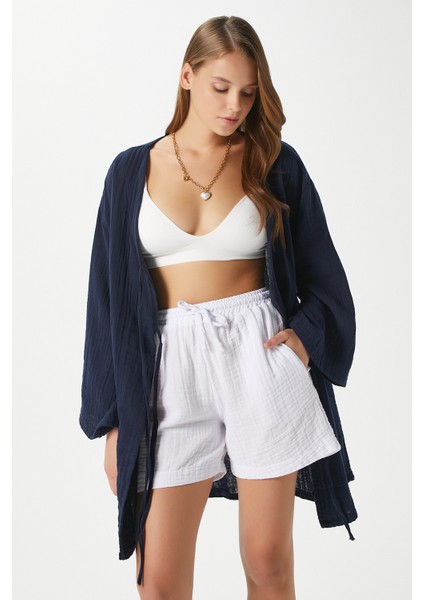 Kadın Sandra %100 Pamuk Müslin Bağcıklı Lacivert Kimono fırsatları