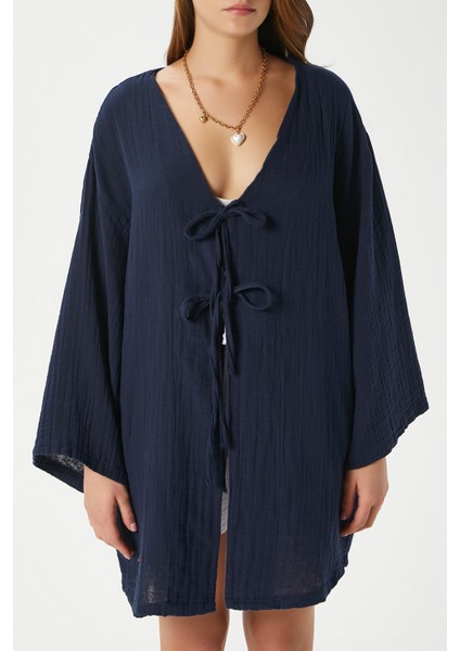Kadın Sandra %100 Pamuk Müslin Bağcıklı Lacivert Kimono indirimleri