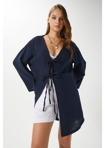 Kadın Sandra %100 Pamuk Müslin Bağcıklı Lacivert Kimono