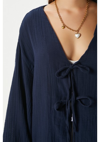Kadın Sandra %100 Pamuk Müslin Bağcıklı Lacivert Kimono
