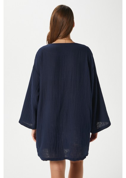 Kadın Sandra %100 Pamuk Müslin Bağcıklı Lacivert Kimono