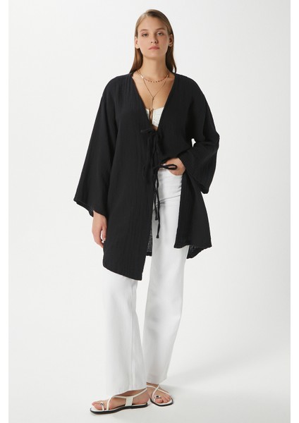 Kadın Sandra %100 Pamuk Müslin Bağcıklı Siyah Kimono fırsatları