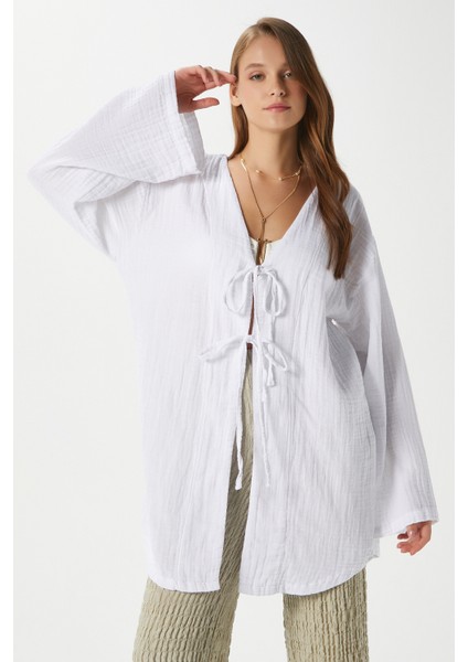Kadın Sandra %100 Pamuk Müslin Bağcıklı Beyaz Kimono fiyatları