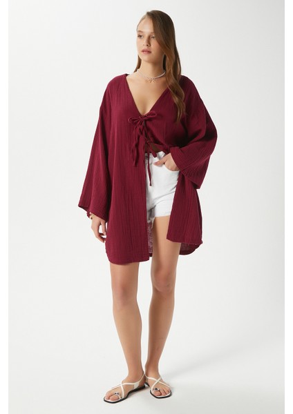 Kadın Sandra %100 Pamuk Müslin Bağcıklı Bordo Kimono