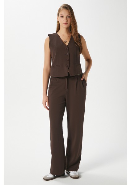 Kadın Petra Kahverengi Yelek Likralı Pantolon Alt Üst Takım