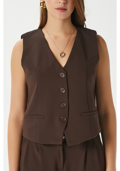 Kadın Petra Kahverengi Yelek Likralı Pantolon Alt Üst Takım modelleri