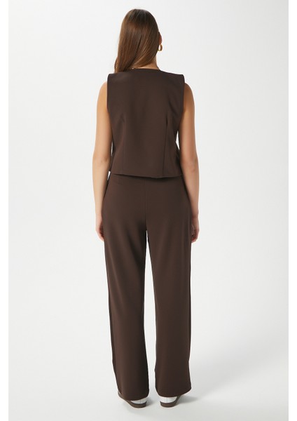 Kadın Petra Kahverengi Yelek Likralı Pantolon Alt Üst Takım