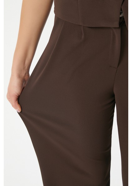 Kadın Petra Kahverengi Yelek Likralı Pantolon Alt Üst Takım