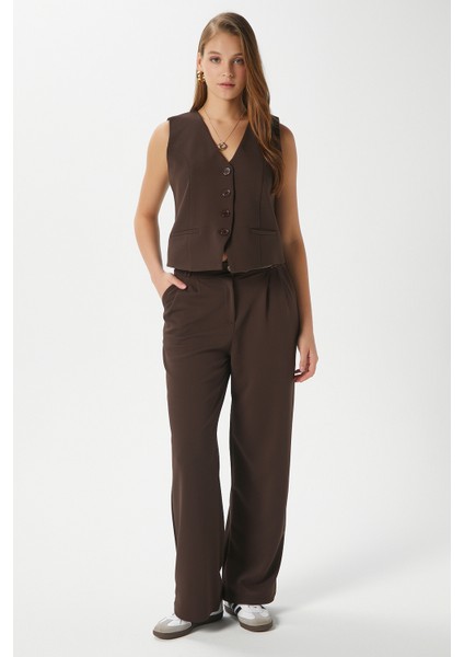 Kadın Petra Kahverengi Yelek Likralı Pantolon Alt Üst Takım