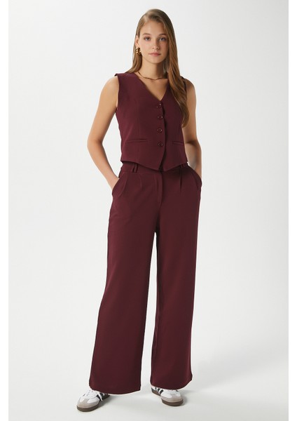 Kadın Petra Bordo Yelek Likralı Pantolon Alt Üst Takım