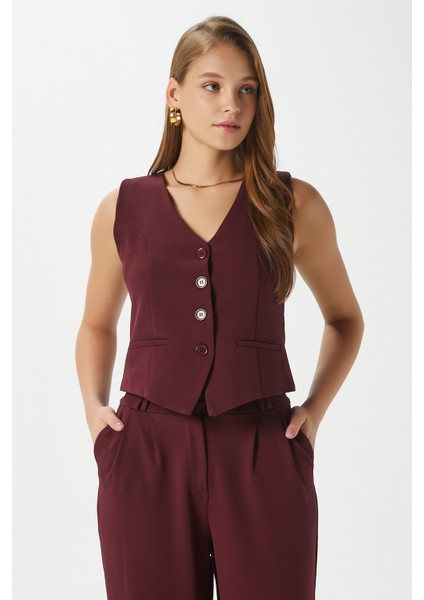 Kadın Petra Bordo Yelek Likralı Pantolon Alt Üst Takım modelleri