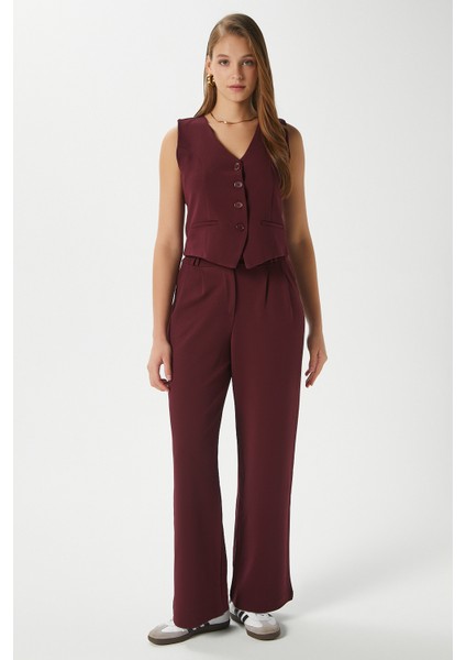 Kadın Petra Bordo Yelek Likralı Pantolon Alt Üst Takım