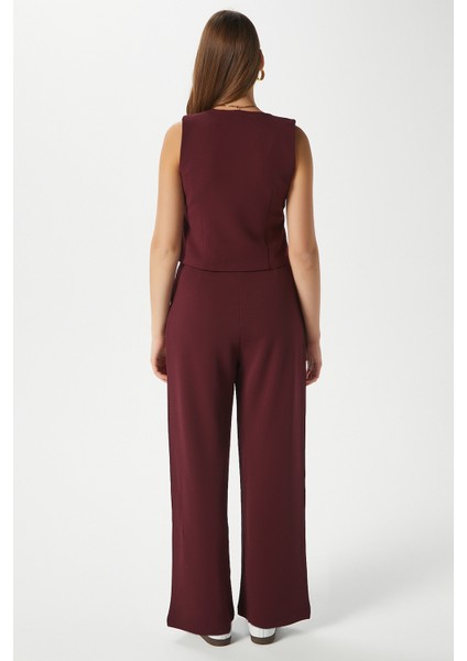 Kadın Petra Bordo Yelek Likralı Pantolon Alt Üst Takım