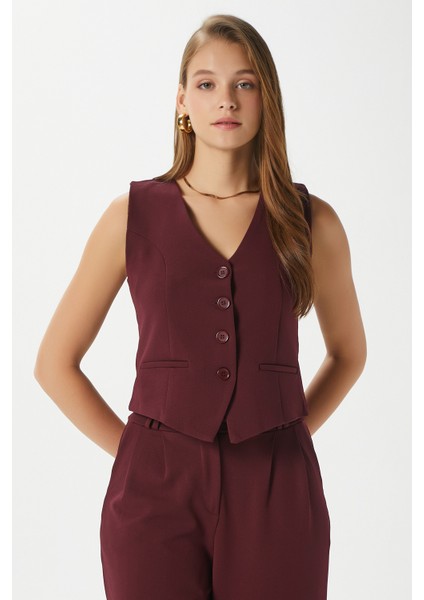 Kadın Petra Bordo Yelek Likralı Pantolon Alt Üst Takım