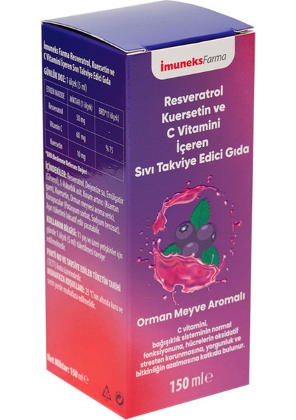 Resveratrol Kuersetin ve C Vitamini İçeren Sıvı Takviye Edici Gıda 150 ml