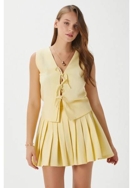 Kadın Zera Keten Pamuk Sarı Yelek Bel Lastikli Etek Alt Üst Takım fiyatları