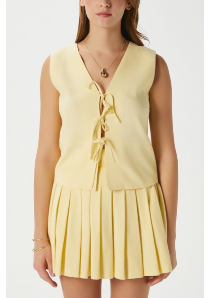 Kadın Zera Keten Pamuk Sarı Yelek Bel Lastikli Etek Alt Üst Takım modelleri