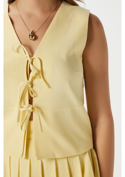 Kadın Zera Keten Pamuk Sarı Yelek Bel Lastikli Etek Alt Üst Takım indirimleri