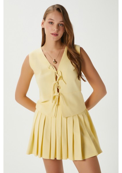 Kadın Zera Keten Pamuk Sarı Yelek Bel Lastikli Etek Alt Üst Takım