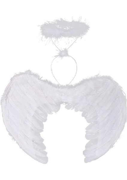 Beyaz Renkli Tüylü Bebek Melek Kanadı ve Tacı 30X45 cm (5047)