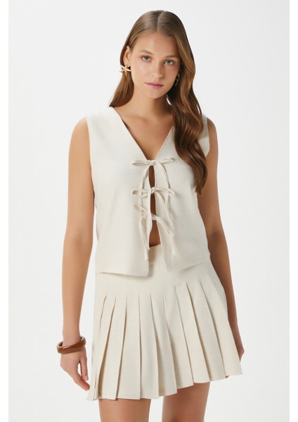 Kadın Zera Keten Pamuk Taş Yelek Bel Lastikli Etek Alt Üst Takım