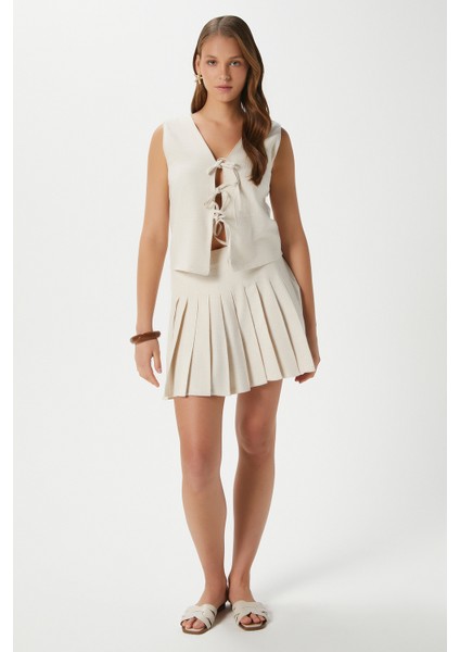 Kadın Zera Keten Pamuk Taş Yelek Bel Lastikli Etek Alt Üst Takım