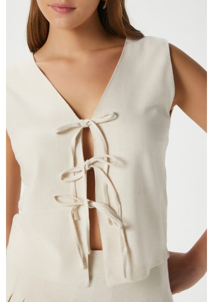 Kadın Zera Keten Pamuk Taş Yelek Bel Lastikli Etek Alt Üst Takım