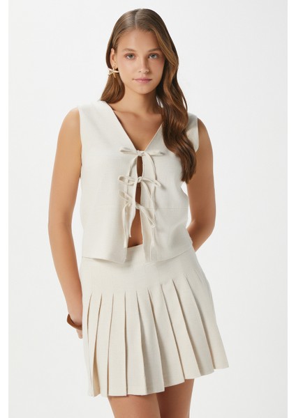 Kadın Zera Keten Pamuk Taş Yelek Bel Lastikli Etek Alt Üst Takım