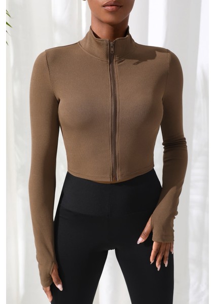 Kadın Kahverengi Uzun Kol Fermuarlı Parmak Geçme Detaylı Dik Yaka Crop Top Bluz fiyatları
