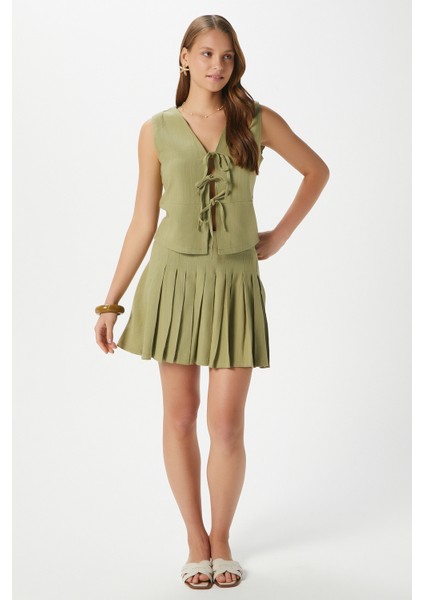 Kadın Zera Keten Pamuk Haki Yelek Bel Lastikli Etek Alt Üst Takım