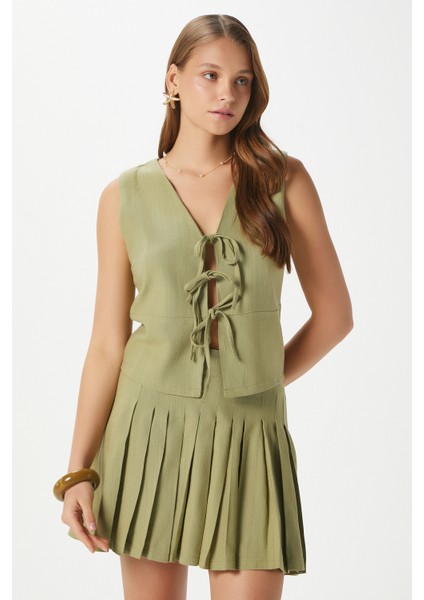 Kadın Zera Keten Pamuk Haki Yelek Bel Lastikli Etek Alt Üst Takım fiyatları