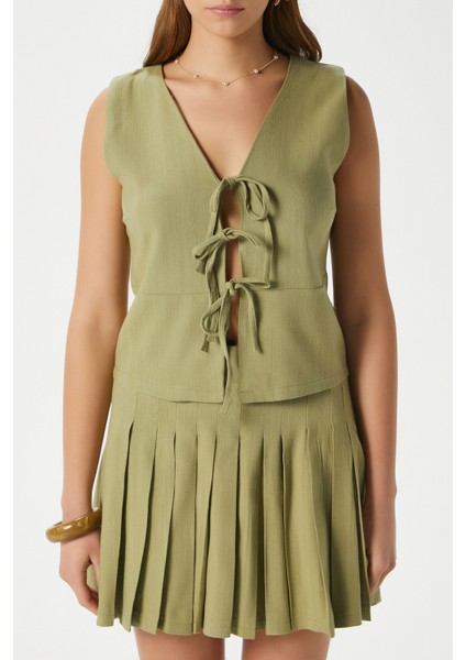 Kadın Zera Keten Pamuk Haki Yelek Bel Lastikli Etek Alt Üst Takım modelleri