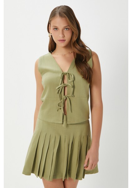 Kadın Zera Keten Pamuk Haki Yelek Bel Lastikli Etek Alt Üst Takım fırsatları