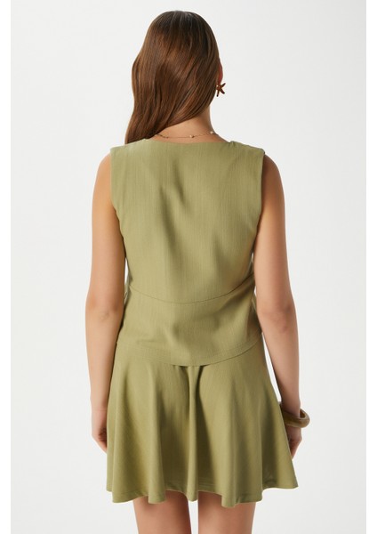 Kadın Zera Keten Pamuk Haki Yelek Bel Lastikli Etek Alt Üst Takım