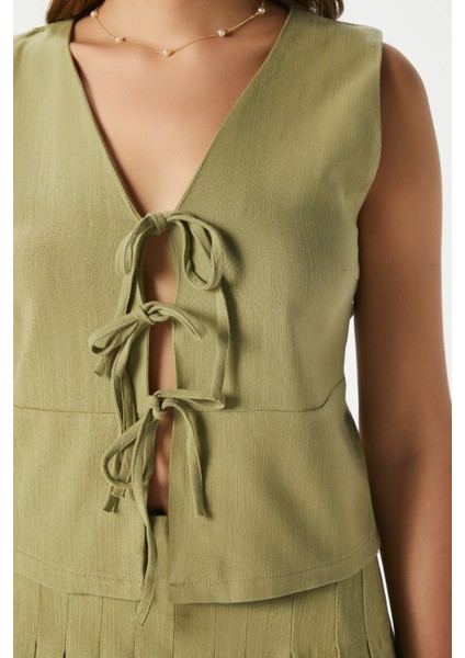 Kadın Zera Keten Pamuk Haki Yelek Bel Lastikli Etek Alt Üst Takım