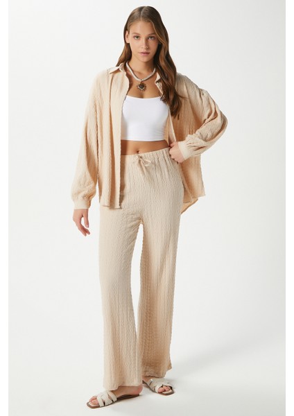 Kadın Ariana Gofre Bel Lastikli Taş Pantolon Gömlek Alt Üst Takım