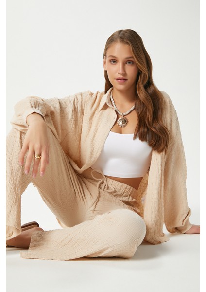 Kadın Ariana Gofre Bel Lastikli Taş Pantolon Gömlek Alt Üst Takım fiyatları