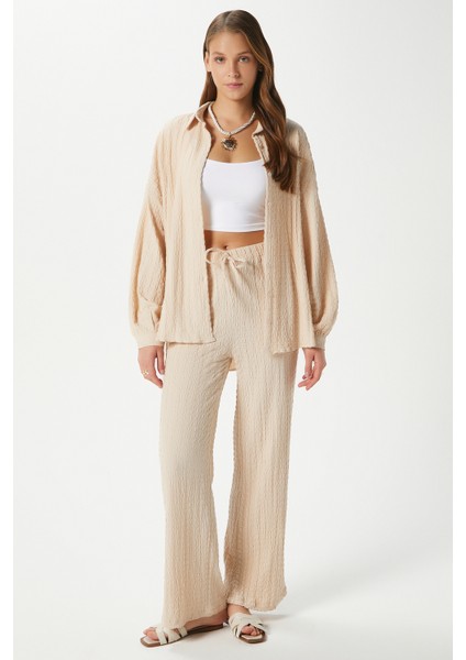 Kadın Ariana Gofre Bel Lastikli Taş Pantolon Gömlek Alt Üst Takım fırsatları