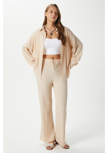 Kadın Ariana Gofre Bel Lastikli Taş Pantolon Gömlek Alt Üst Takım indirimleri