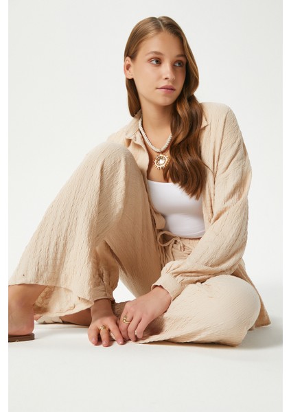 Kadın Ariana Gofre Bel Lastikli Taş Pantolon Gömlek Alt Üst Takım