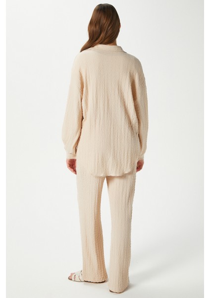 Kadın Ariana Gofre Bel Lastikli Taş Pantolon Gömlek Alt Üst Takım