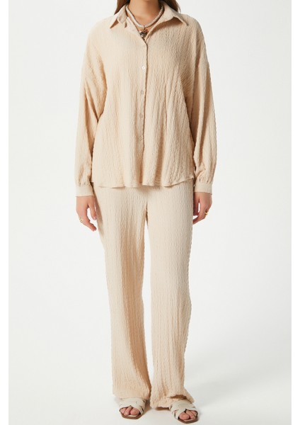 Kadın Ariana Gofre Bel Lastikli Taş Pantolon Gömlek Alt Üst Takım