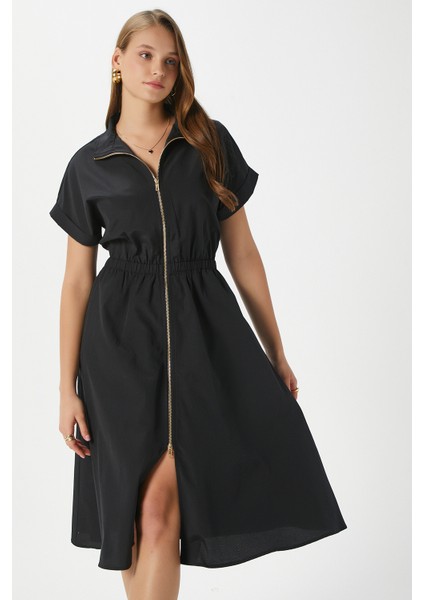 Kadın Hilda Siyah Fermuarlı Bel Lastikli Cepli Elbise 00022