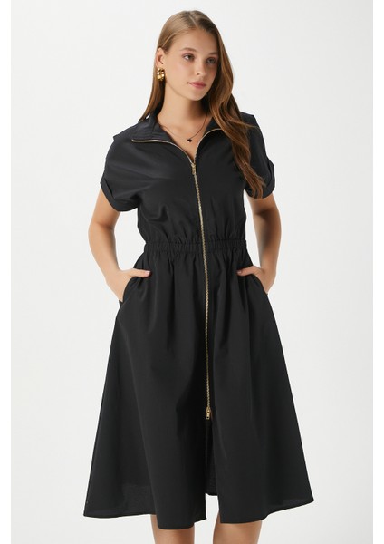 Kadın Hilda Siyah Fermuarlı Bel Lastikli Cepli Elbise 00022 fiyatları