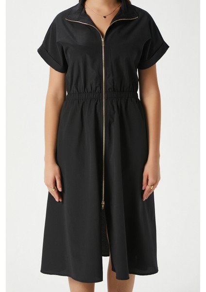 Kadın Hilda Siyah Fermuarlı Bel Lastikli Cepli Elbise 00022 modelleri