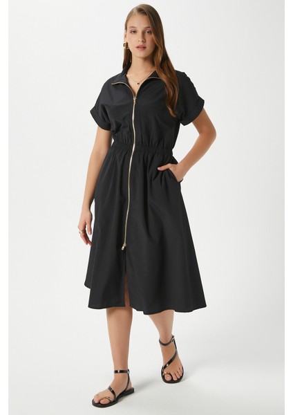 Kadın Hilda Siyah Fermuarlı Bel Lastikli Cepli Elbise 00022 fırsatları